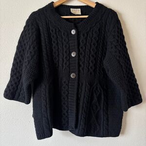 Kilronan Knitwear Merino Wool Black Chunky Cableknit Cardigan Sweater Size XL